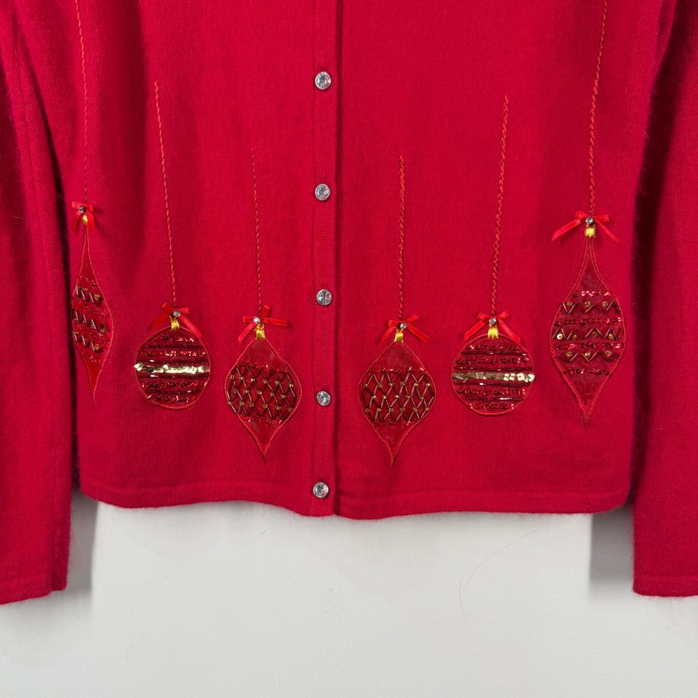 Merry & Bright Red Angora Wool Blend Holiday Ornament Sequin Cardigan Sweater S - Picture 2 of 13